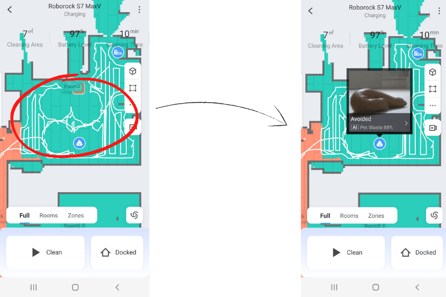 Dog poop detected as obstacles by Roborock S7 MaxV is marked on the home map.
